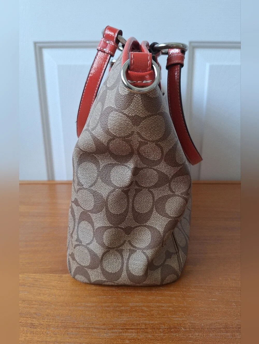 Coach Signature Coated Canvas Shoulder Bag Monogram Tote Coral Leather Trim